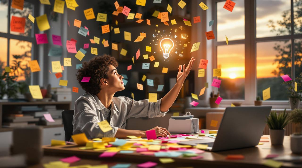 Lightbulb and sticky notes representing ideas and planning
